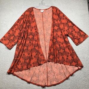 Lularoe Cardigan Women's Large Orange Black Damask Open Front Stretchy‎ Long